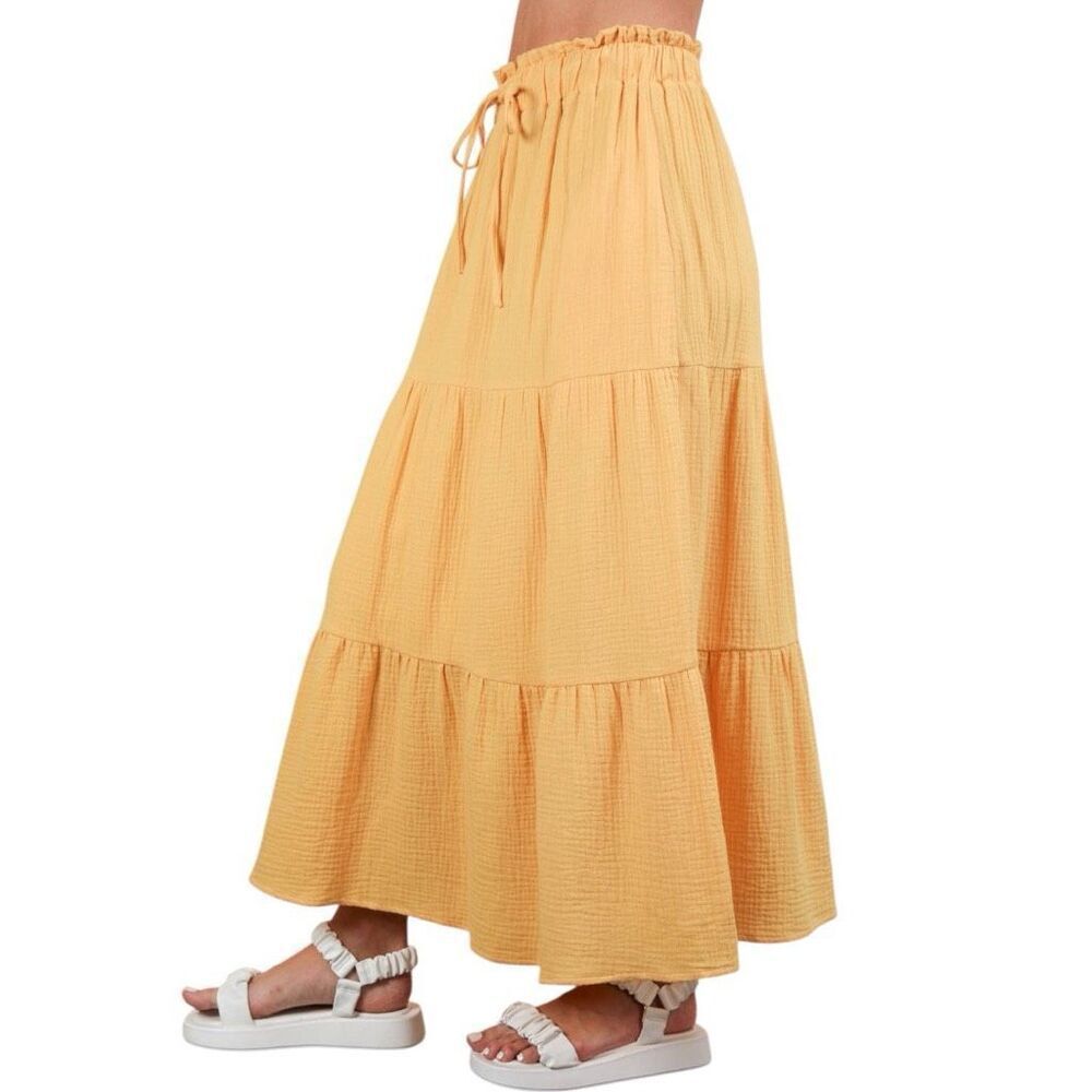 Boho Tiered Midi Skirt w/ Pockets & Elastic Waist |  Yellow | Very J | NWT L - Picture 2 of 12